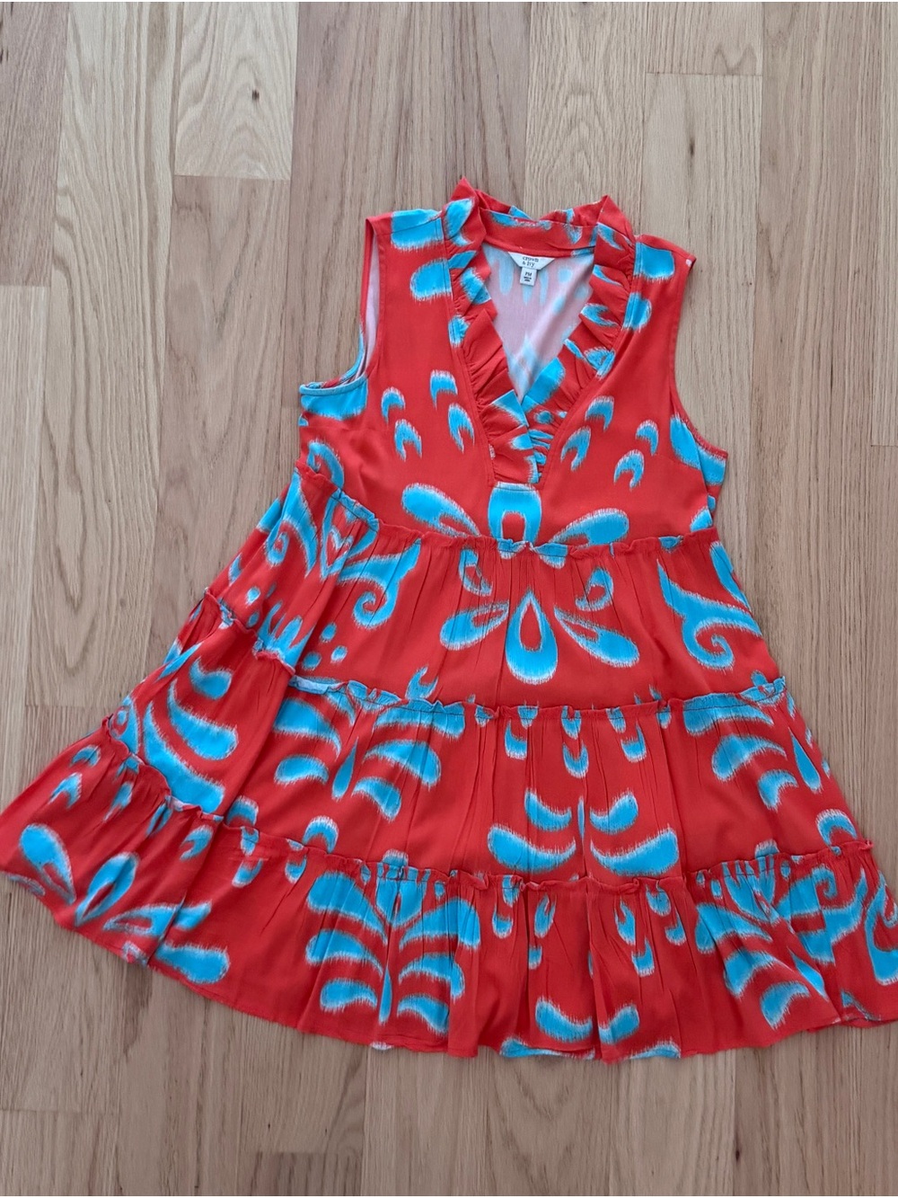 Crown & Ivy Coral Turquoise Ikat Tiered Dress Petite Medium